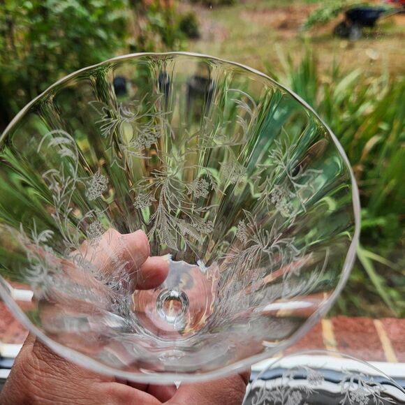 Heather Etch Glasses Set of 2 Iced Tea & Champagne Glass Footed Fostoria 1950s - Picture 5 of 16